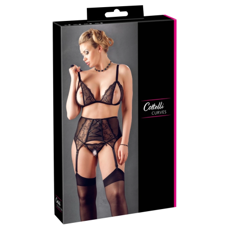 Cottelli Collection Bra and Suspender Set 2XL - Black Lace, Adjustable Fit