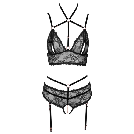Abierta Fina Lingerie Set Black L - Lace & Velvet, Adjustable Straps