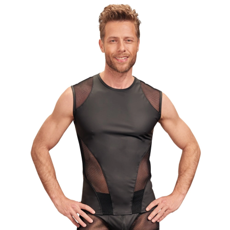 NEK Men's Sleeveless Shirt Matte Black Transparent Mesh Inserts L