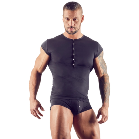 NEK Men's Microfiber Shirt XL Black Short Sleeve Silver Buttons