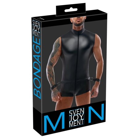 Svenjoyment Bondage Jumpsuit XL with Adjustable Wrist Cuffs, Black Matte