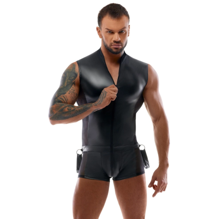 Svenjoyment Bondage Men's Matte Jumpsuit with Mesh & Wrist Cuffs, Size M