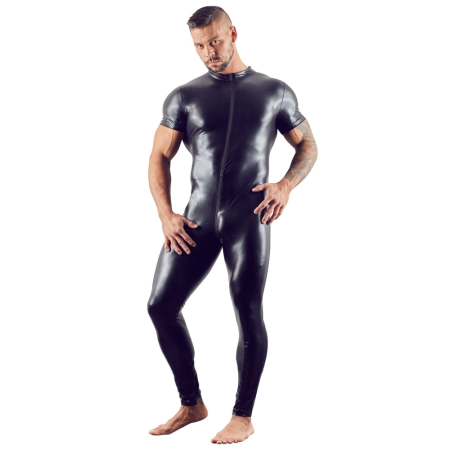 NEK Black Wet Look Men's Jumpsuit L - Shiny Stretch Fabric, 3-Way Zip
