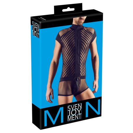NEK Men’s Playsuit XL Black Mesh & Stripe, Front Zipper, Breathable Fabric