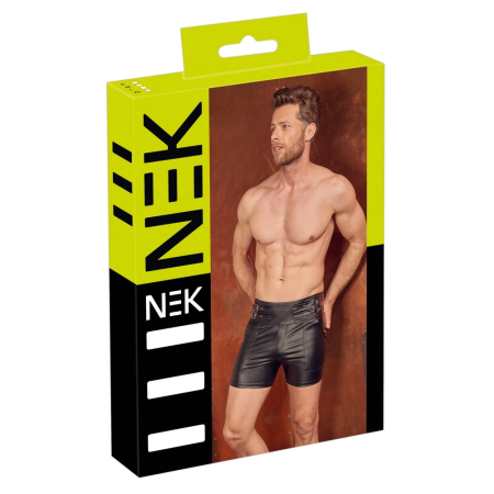 NEK Men's High-Waist Matte Black Shorts with Buckle Straps, Size S