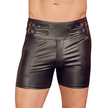 NEK Men's High-Waist Matte Black Shorts with Buckle Straps, Size S