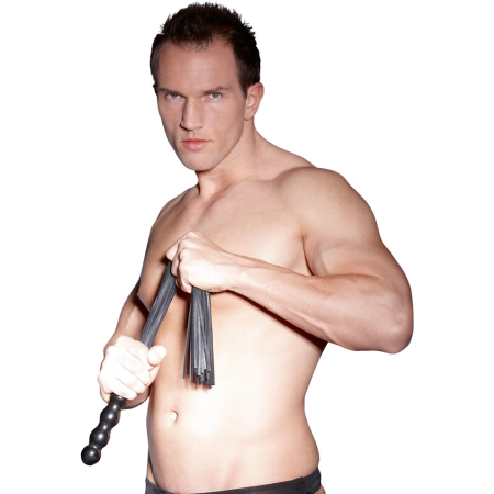 ZADO Leather Flogger with Wavy Wooden Handle, 56 cm, Black