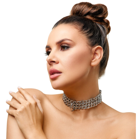 ZADO Black Leather Adjustable Collar with Triple Chain Detail