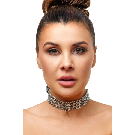 ZADO Black Leather Adjustable Collar with Triple Chain Detail