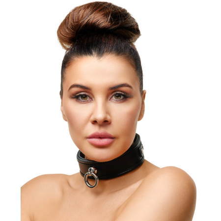 ZADO Leather Adjustable Collar S-L, Black, 32-50 cm, Metal Ring