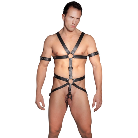 ZADO Men's Leather Harness S/M Adjustable Straps & 3 Metal Rings Black