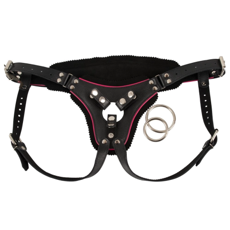 ZADO Leather Adjustable Strap-On Harness S-L, Black/Pink, Dual Ring System