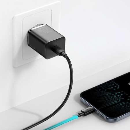 Baseus Super Si Greitas Įkroviklis 1C 20W su USB-C į Lightning kabeliu 1m (juodas)
