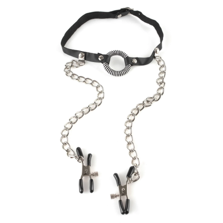 Pipedream O-Ring Gag System with Adjustable Nipple Clamp Chains, Black