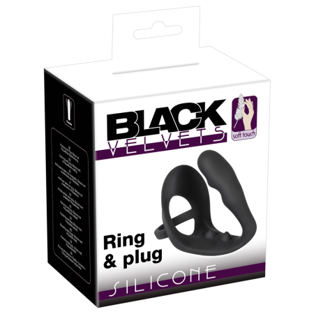 Black Velvets Silicone Intimate Ring with Plug and Perineum Bridge, Black