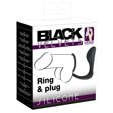Black Velvets Duo System Silicone Ring & Plug, Black, 10cm