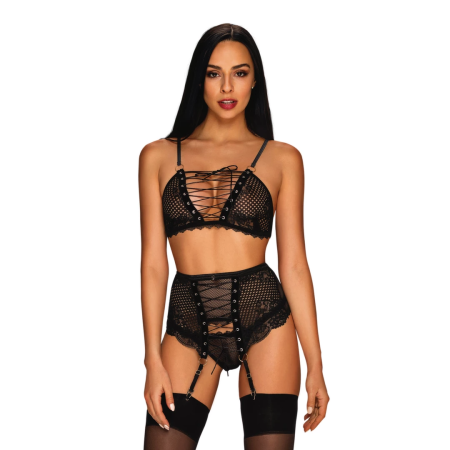 Obsessive Basitta 3-Piece Mesh & Lace Set S/M Black Adjustable