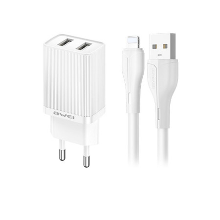 Awei C15L-EU Įkroviklis 10W 2xUSB-A + USB-A į Lightning kabelis 1.0m (baltas)