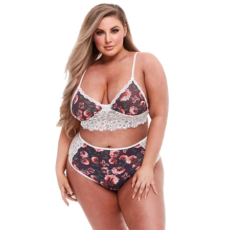Baci White Label Grey Floral & Lace Bra Set, High-Waisted, Size Q