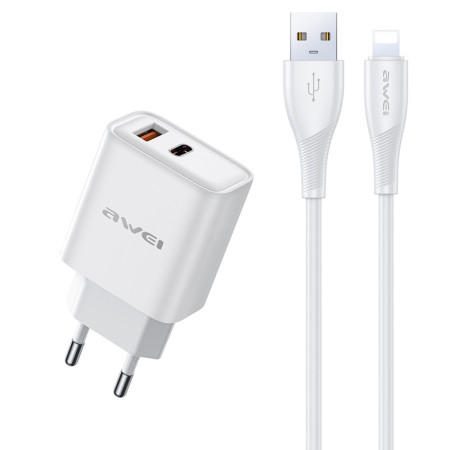 Awei PD81L-EU 22.5W Įkroviklis USB-A/USB-C + USB to Lightning kabelis 1.0m baltas