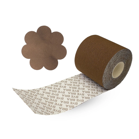 Bye Bra Body Tape 6.5cm x 5m & Satin Covers Brown - Wide, Waterproof, One Size