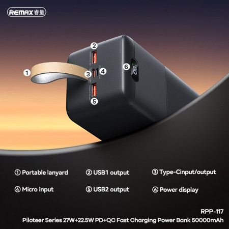 Išorinė baterija Power Bank Remax RPP-117 50000mAh juoda