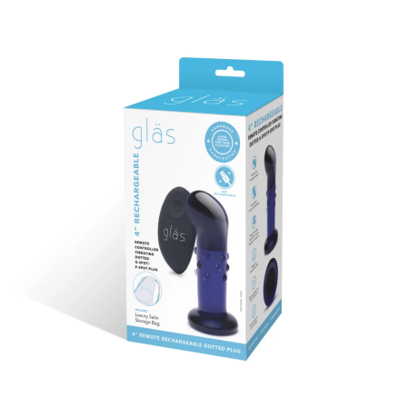 Glas Vibrating 4” Dotted Plug with Remote - Glass, Rechargeable, Blue