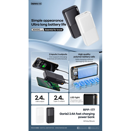 Išorinė baterija Remax RPP-177 30000mAh juoda