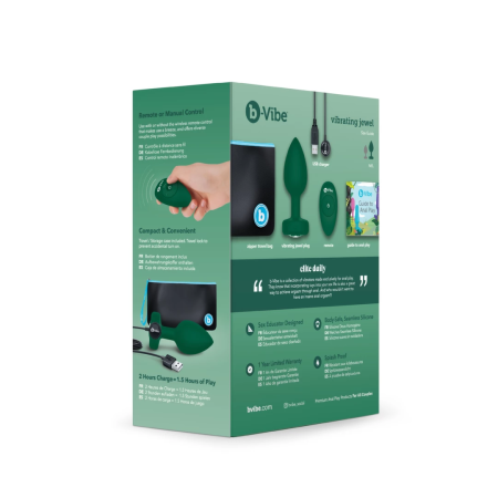 b-Vibe Vibrating Jewel Plug M/L Emerald - Silicone, 15 Modes, USB Rechargeable