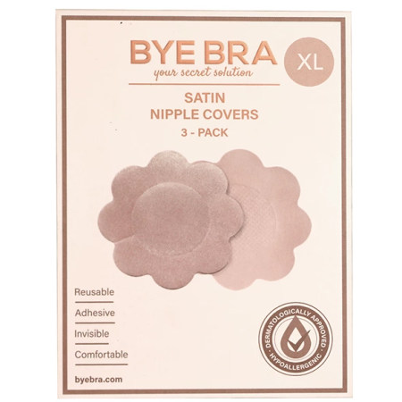 Bye Bra Satin Nipple Covers XL Nude - 3 Pairs, Discreet Adhesive, Flower Shape