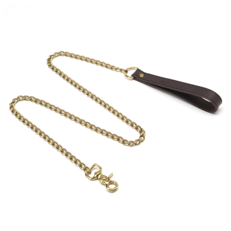 Coco de Mer Brown Leather Lead with Antique Brass Chain 43in