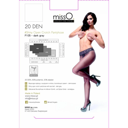 MissO P105 Sheer Tights with Lace Top & Open Section Dark Grey L/XL