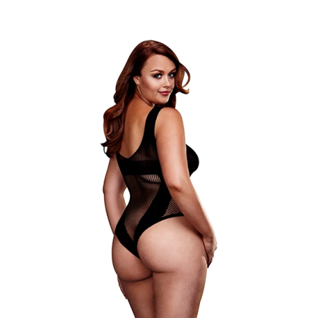 Baci Jacquard Fishnet V Teddy - Queen Size, Black Contrast Trim