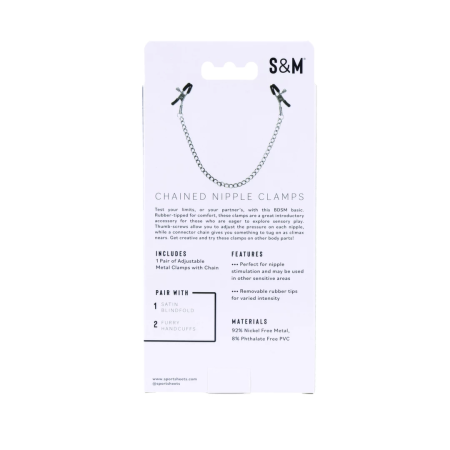 Sportsheets S&M Chained Nipple Clamps Adjustable 33cm Chain, Black/Silver
