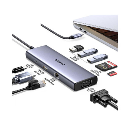 UGREEN CM498 USB-C adapteris su 3x USB-A 3.0, HDMI, VGA, RJ45, SD/TF kortelių skaitytuvu