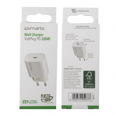 Sieninis įkroviklis VoltPlug PD 20W, baltas