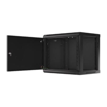 Rack spinta 19" 9U 600x450 juoda su metaliniais durimis