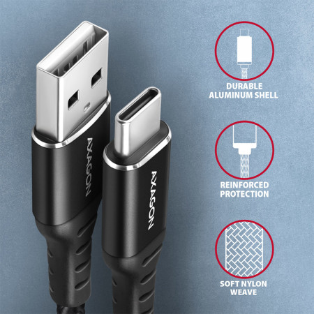 Axagon USB 2.0 kabelis 1 m, USB A - USB C, Juodas