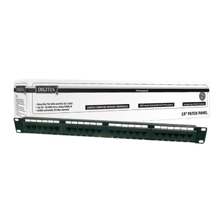Digitus | Patch Panel | DN-91524U | Black | Category: CAT 5e; Ports: 24 x RJ45; Retention strength: 7.7 kg; Insertion force: 30N