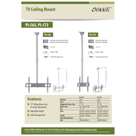 Sunne | Ceiling mount | PL-C62 | Tilt | 37-70 " | Maximum weight (capacity) 50 kg | Silver