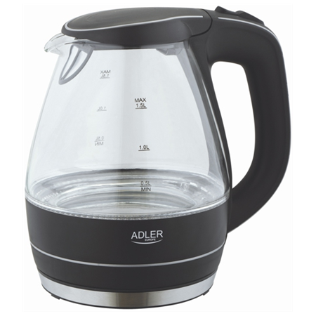 Kettle | Adler | Kettle | AD 1224 | Standard | 2000 W | 1.5 L | Glass | 360° rotational base | Black