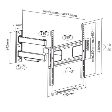Sunne | Wall mount | 23-42-EAX2 | Full motion | 32-55 " | Maximum weight (capacity) 50 kg | Black