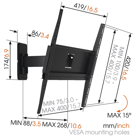 Vogels | Wall mount | MA3030-A1 | Full motion | 32-65 " | Maximum weight (capacity) 25 kg | Black