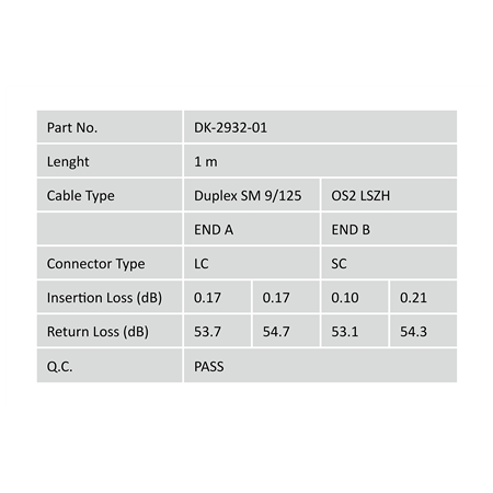 Digitus | Patch Cord | DK-2932-01 | Cable diameter 3 mm; Cable type: I-VH 2E9/125µ; Fiber diameter: 09/125µ; Connector 1/2: LC/S