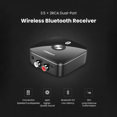 Bluetooth 5.1 imtuvas UGREEN 2x RCA, jack 3,5mm, aptX HD (juodas)