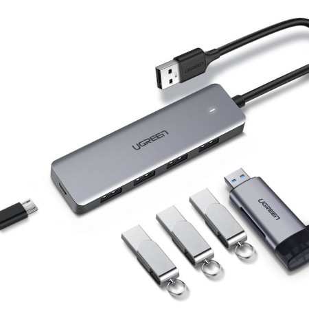 Ugreen CM219 USB-A šakotuvas 4xUSB-A (MicroUSB maitinimui) pilkas