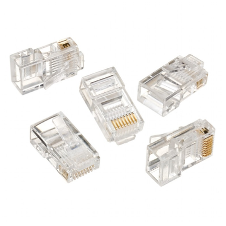 Modular plug 8P8C for solid LAN cable CAT5, UTP, 10 pcs. per bag | Modular 8P8C RJ45 plug, 30u” gold plated, 3-fork internal con