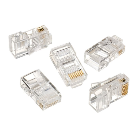 Modular plug 8P8C for solid LAN cable CAT5, UTP, 10 pcs. per bag | Modular 8P8C RJ45 plug, 30u” gold plated, 3-fork internal con