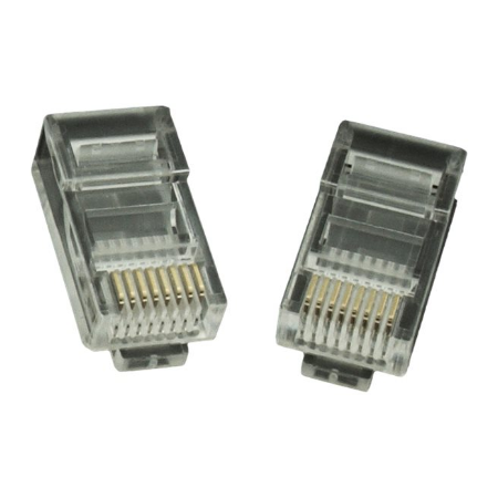 Modular plug 8P8C for solid LAN cable CAT5, UTP, 10 pcs. per bag | Modular 8P8C RJ45 plug, 30u” gold plated, 3-fork internal con