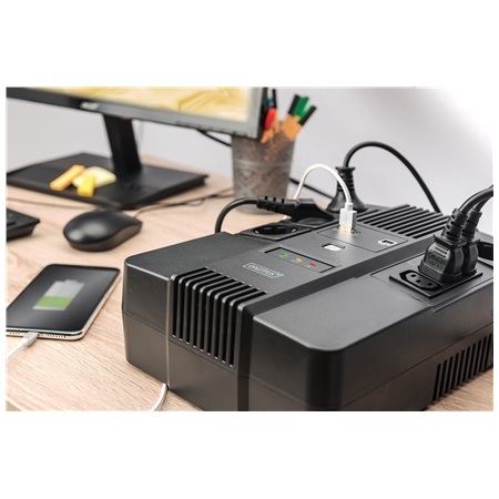 Digitus | All-in-One UPS | All-in-One UPS, 600VA/360W, LED 12V/7Ah x1, 4x CEE 7/7,3x IEC C13, USB, RJ45 | 600 VA | 360 W